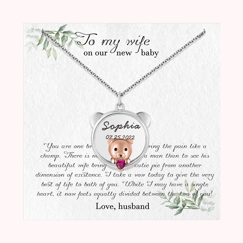 Collier Personnalisé Pierre de Naissance et Texte pour Bébé Ourson avec Carte à Message Cadeau d'Anniversaire pour Nouvelle Maman