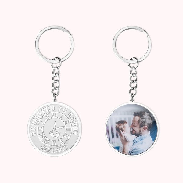 Porte-Clés Personnalisé avec Texte Gravé et Photo Design Horloge Empreinte de Pied Cadeau Anniversaire Fête des Pères pour Famille