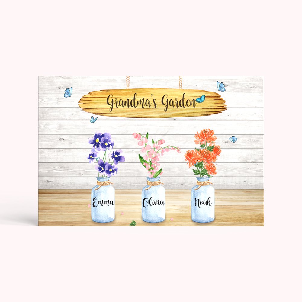 Peinture sur Toile Personnalisée avec Fleur de Naissance et Nom "Jardin Familial" Cadeau de Fête des Mères pour Maman Grand-mère