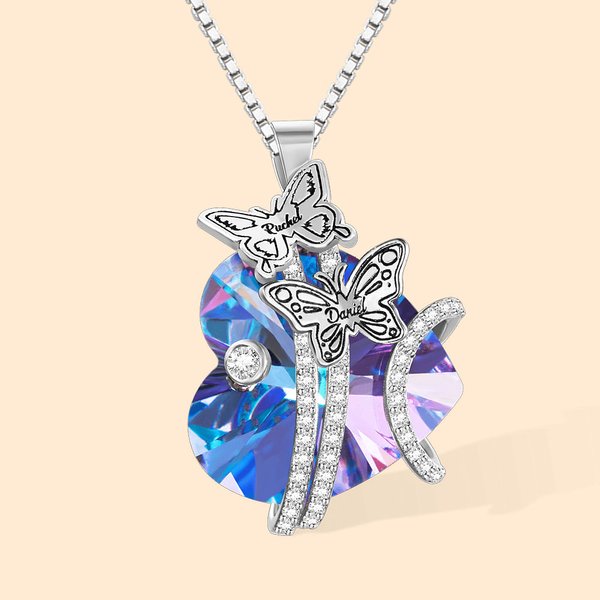 Personalized Birth Month Butterflies Necklace with Heart Crystal and Engraved Names Birthday Anniversary Mother's Day Gift for Family
