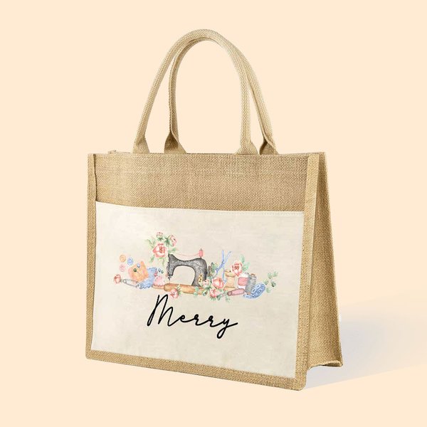 Jute Burlap Storage Tote for Sewing Enthusiasts