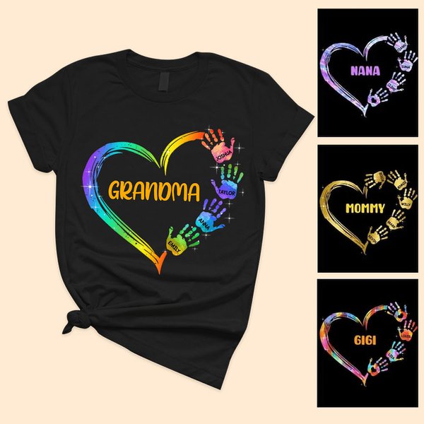 Personalized Colorful Heart Hand Print 100% Cotton T-Shirt Hoodie with Title and Kid Names Mother's Day Gift for Mom Grandma