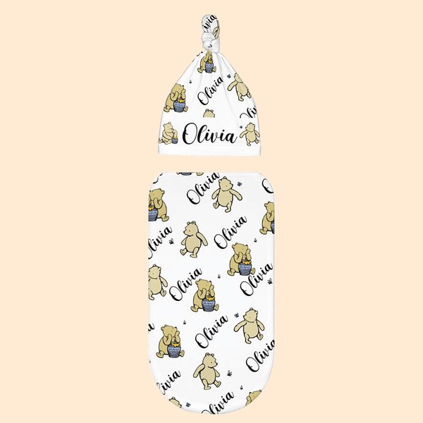 Personalized Classic Winnie the Pooh Baby Swaddle Blanket Set Gifts for Newborn
