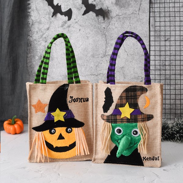 Sac en Jute Personnalisé avec Nom Crâne Sorcière Citrouille Chat Style Collage Cadeau Halloween pour Enfant