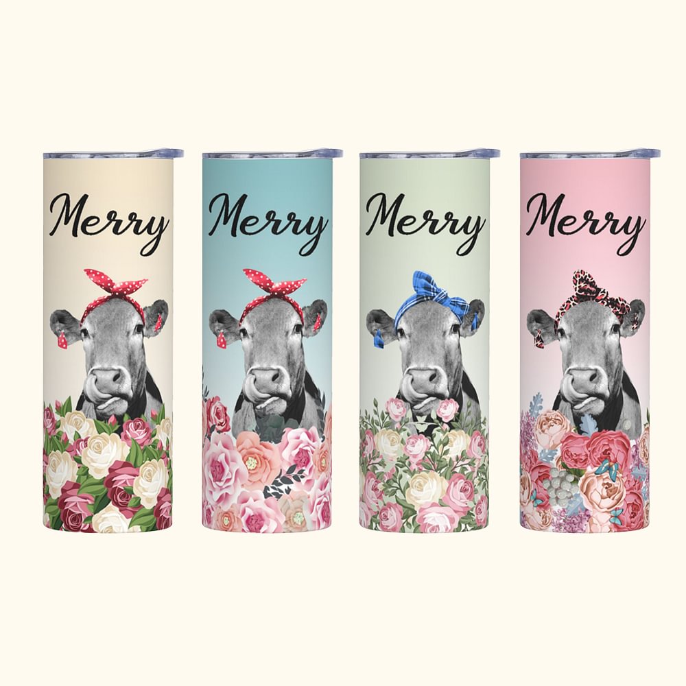 Gobelet Skinny 20oz, fleurs et vache avec bandeau, personnalisé