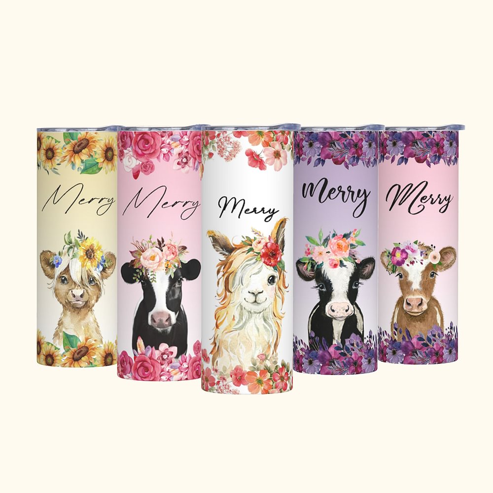 Gobelet mince 20oz personnalisé "Pas mon pâturage, pas mes conneries" bébé vache avec fleurs