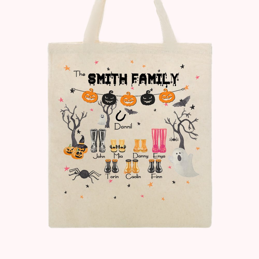 Sac en Toile Personnalisé avec Nom de Famille et Motifs Cadeau Chasse aux Bonbons Halloween pour Enfant