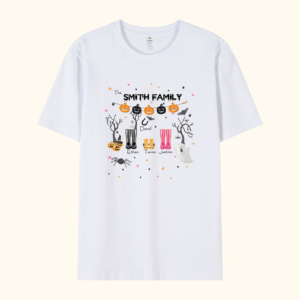 T-shirt Familial Personnalisé avec Noms et Dessins Bottes Imperméable Cadeau Halloween Fête pour Homme Femme