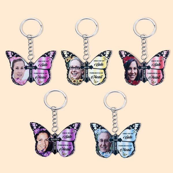 Llavero Personalizado Mariposa Cruz Once By My Side Forever In My Heart con Nombre Foto Regalo Conmemorativo