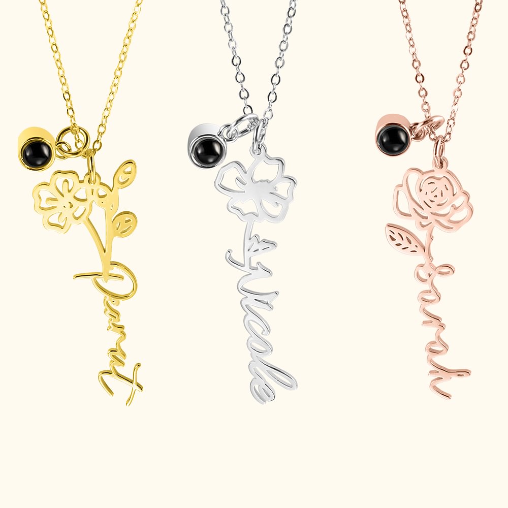 Collier Prénom Pendentif Personnalisé avec Fleur de Naissance et Projection Photo Cadeau pour Femme