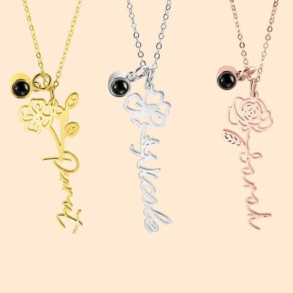 Gepersonaliseerde fotoprojectie Geboortebloem met naam Halsketting