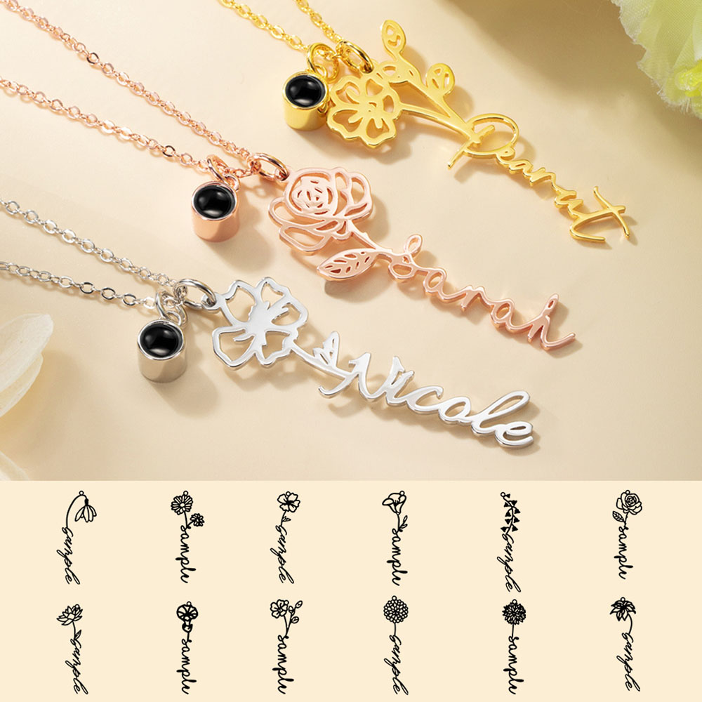Personalized 4 Leaves Crystal Rose Projection Necklace Custom Photo Name Pendant