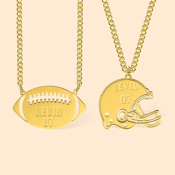 Collana personalizzata con ciondolo a forma di casco o di football americano con nome e numero, regalo per gli amanti dello sport e del calcio