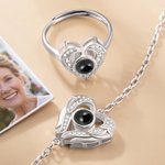 Pulsera personalizada con forma de corazón y alas de ángel Proyección de fotos 100 idiomas Te quiero Anillo de plata de ley Regalo del día de la madre