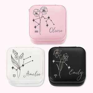 Boîte à Bijoux en Cuir Personnalisée avec Nom Fleur de Naissance et Constellation Cadeaux d'Anniversaire pour Femmes