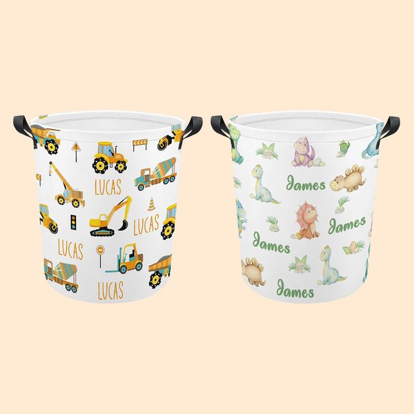 Cesto per il bucato personalizzato per bambini con motivo di camion e dinosauri