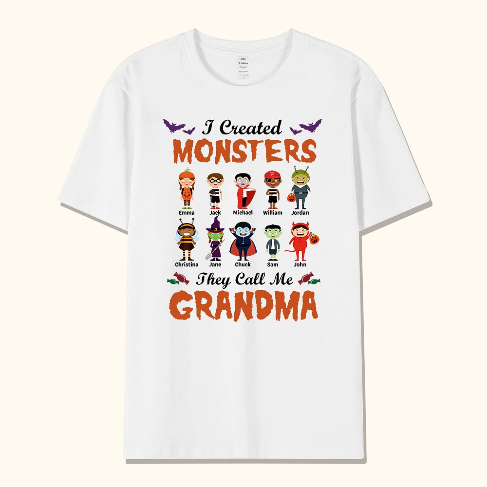 T-shirt Personnalisé avec Titre Noms et Dessins d'Enfants Thème I Created Monsters They Call Me Grandma Cadeau Halloween pour Maman Grand-Mère