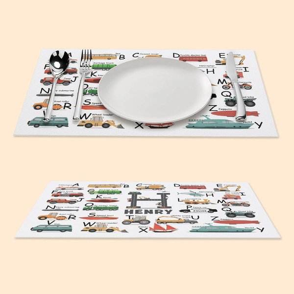 Napperon Personnalisé avec Nom et Initiale Set de Table sur le Thème des Véhicules de Construction Cadeau d'Anniversaire Fête pour Enfants