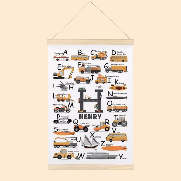 Personalisierte Transport Fahrzeug Holzrahmen Wand mit Initialen und Namen pädagogische Alphabet magnetische Leinwand Poster Geschenk für Kinder hänge