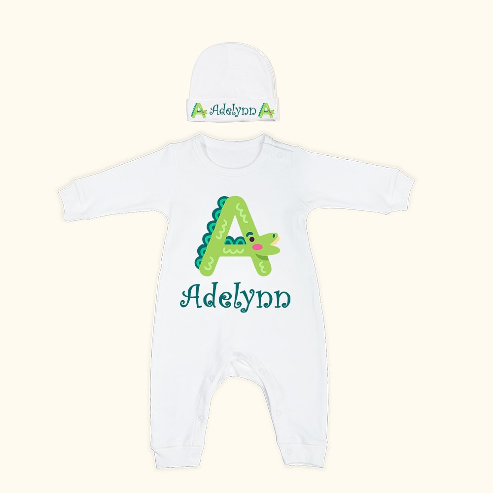 Ensemble de grenouillères en coton avec chapeau pour bébé, personnalisé avec une lettre d'un animal.