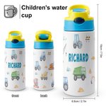 Botella de agua personalizada con nombre de dinosaurio de vehículos de construcción para niños