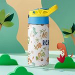 Botella de agua personalizada con nombre de dinosaurio de vehículos de construcción para niños