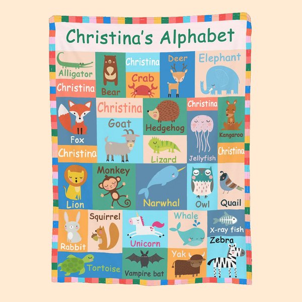 Manta de franela con nombre y alfabeto de animales para niños personalizada