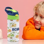 Botella de agua personalizada con nombre de dinosaurio de vehículos de construcción para niños