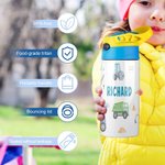 Botella de agua personalizada con nombre de dinosaurio de vehículos de construcción para niños