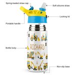 Botella de agua personalizada con nombre de dinosaurio de vehículos de construcción para niños