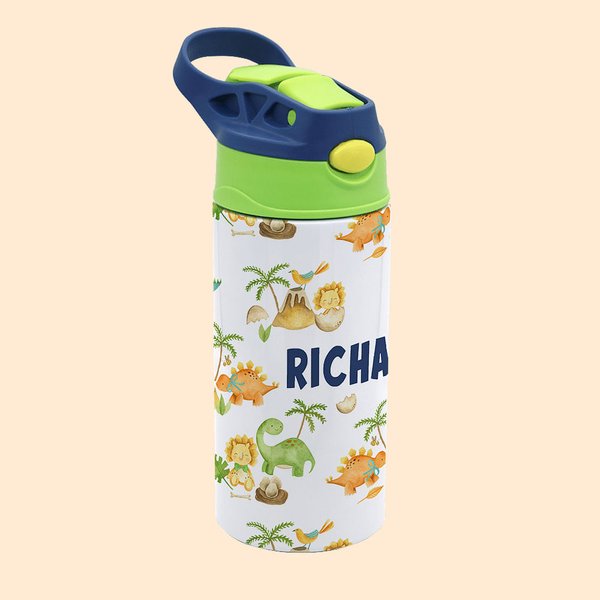 Botella de agua personalizada con nombre de dinosaurio de vehículos de construcción para niños