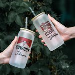 Personalised Western Cowboy Frosted Glass Tumbler with Straw and Bamboo Lid