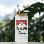 Personalised Western Cowboy Frosted Glass Tumbler with Straw and Bamboo Lid