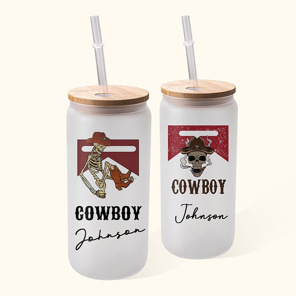 Gobelet en verre dépoli Western Cowboy personnalisé avec paille et couvercle en bambou