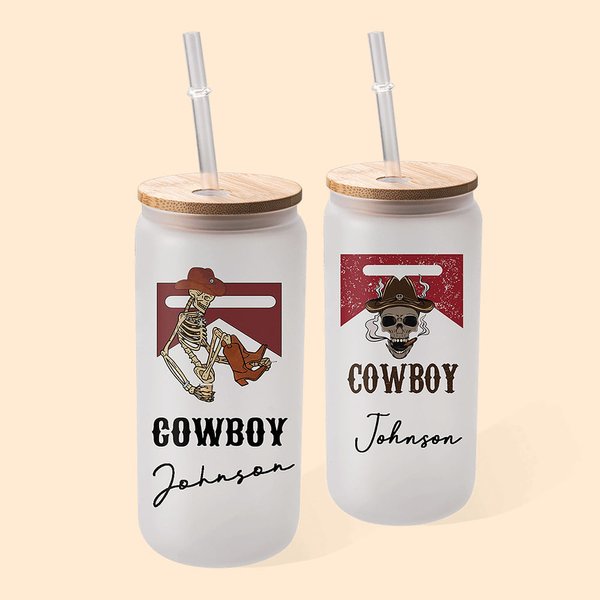 Western Cowboy Frosted Glass Tumbler with Straw