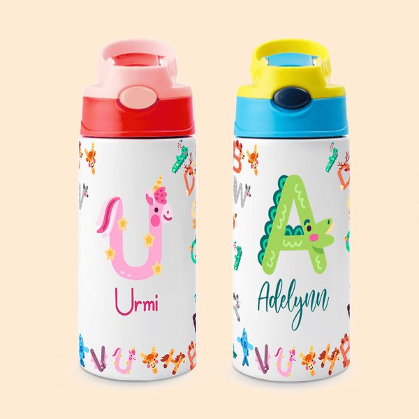 Gourde Isotherme Personnalisée avec Nom en Lettre Animal Bouteille Anti-Fuite Cadeau pour Enfant