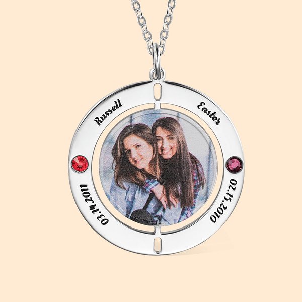 Collier Rond Personnalisé avec Photo Pierres de Naissance et Texte Gravé Cadeau d’Amitié ou d’Anniversaire pour Meilleures Amies et Famille