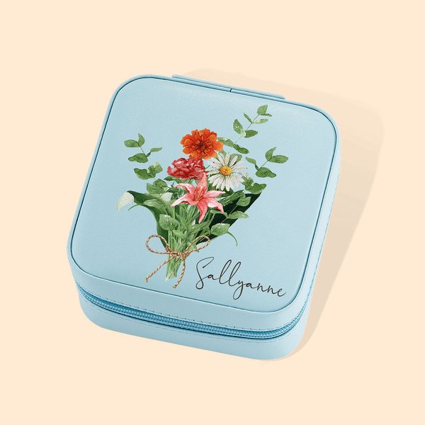 Leather Name Jewelry Box Birth Flowers Bouquet Case