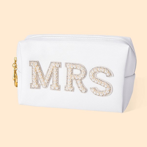 Carta personalizada con perlas de diamantes de imitación de cuero bolsa de maquillaje bolsa de cosméticos para las mujeres niñas