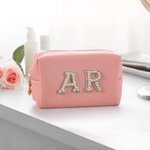 Personalized Letter with Pearls Rhinestones Leather Makeup Bag Cosmetic Bag for Women Girls