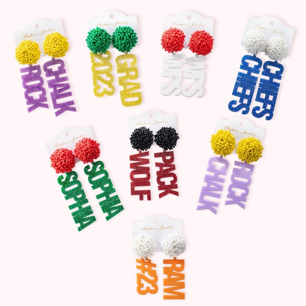 Boucles d'Oreilles Personnalisées avec Pendentif Lettre Pailletée Cadeau pour Équipe Cheerleader Fan de Football Maman Sportive