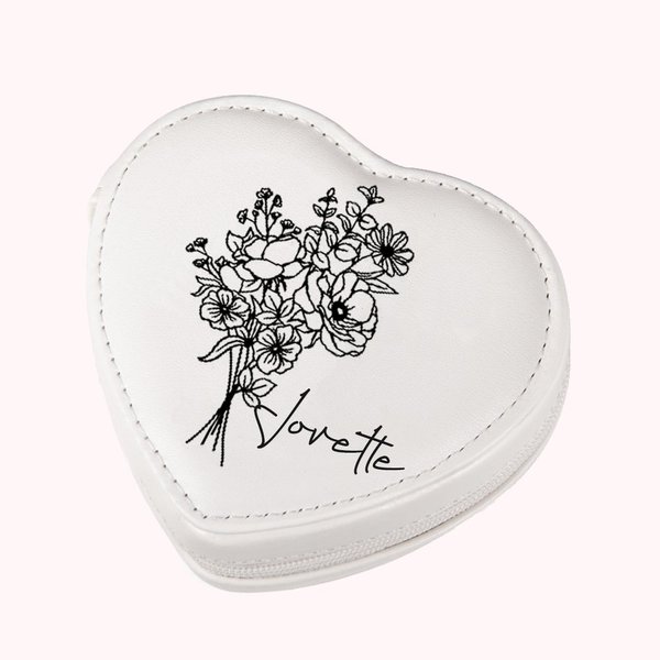 Boîte à Bijoux en Cuir PU Personnalisée avec Nom et Bouquet de Fleurs de Naissance en Forme de Coeur Cadeau d'Anniversaire Fête des Mères pour Maman