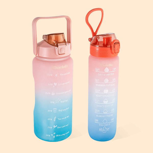 Bouteille Personnalisée avec Nom Style Dégradation Bicolore Grande Capacité Marqueur de Temps Paille et Anse Cadeau Anniversaire pour Homme Femme