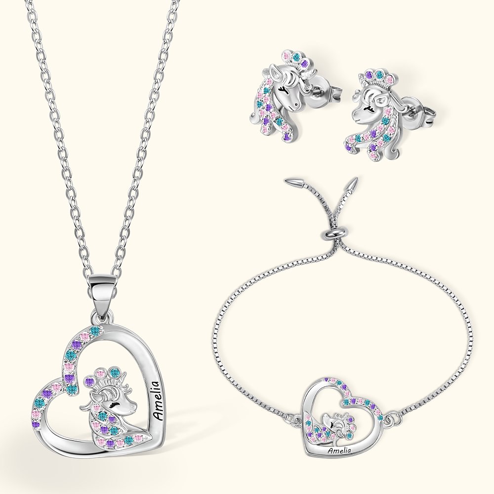 Collier Licorne Fantaisie Personnalisé Clous d'Oreille Bracelet Set de Bijoux à Choix Cadeau pour Fille