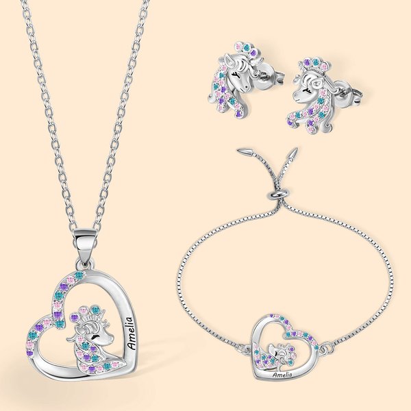 Collier Licorne Fantaisie Personnalisé Clous d'Oreille Bracelet Set de Bijoux à Choix Cadeau pour Fille