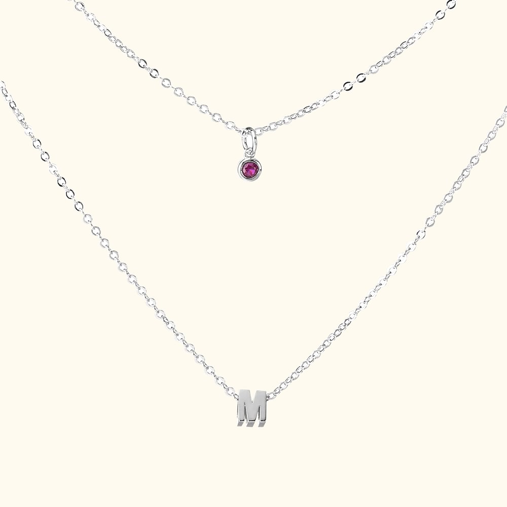 Pendentif Personnalisé Initiale et Pierre de Naissance Collier Double Couche Cadeau pour Femme