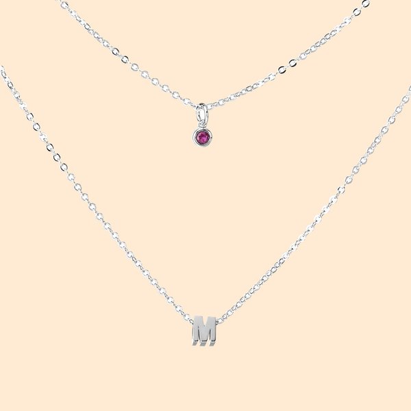 Double Layered Necklace with Birthstone and Initial