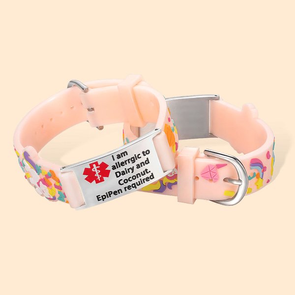 Personalizzato Dinosauro Fantasia Unicorno Farfalla Veicolo Bracciale identificativo di allarme medico in silicone regolabile con testo inciso Regalo 