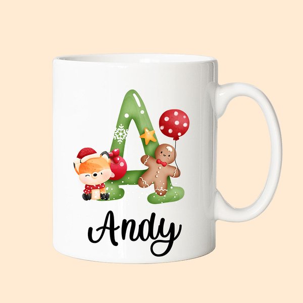 Personalisierte Weihnachten niedliche Tier Alphabet Name Mug für Kinder