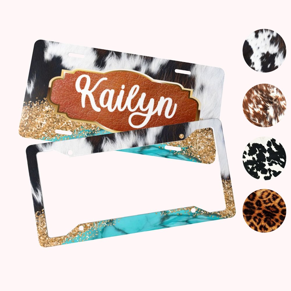 Plaque d'immatriculation décorative personnalisée en aluminium turquoise et paillettes en peau de vache
